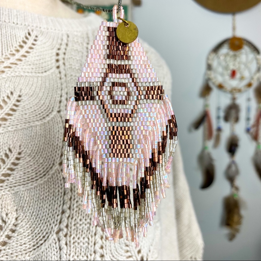 Cocobelle Anthropologie Borneo Long Beaded Boho Necklace in Peach